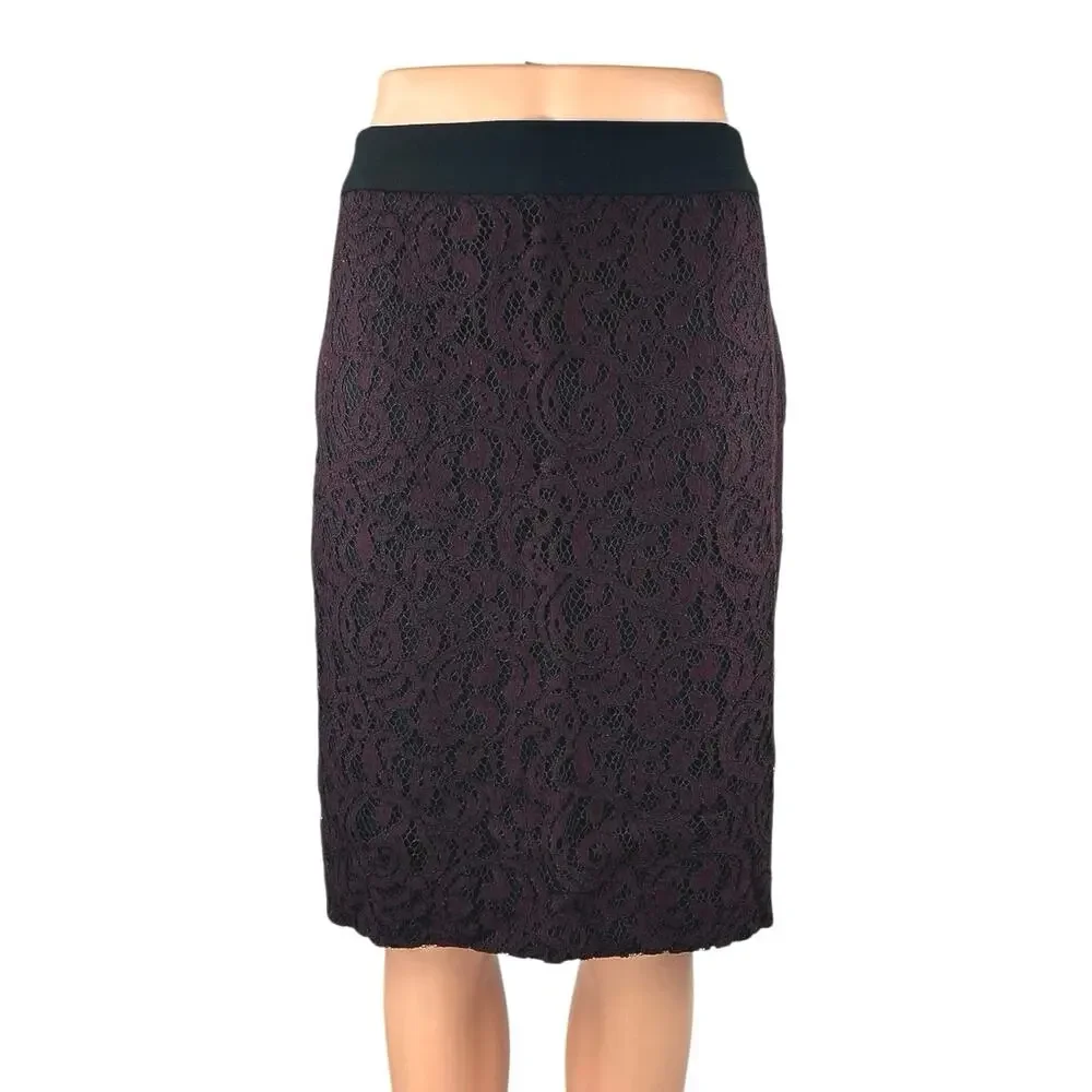 Ann Taylor LOFT Purple Floral Lace Zip Knee Length Straight Pencil Skirt Size 10